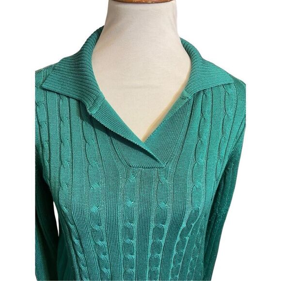 White Stag Green V-Neck Cable Knit Collared Long Sleeve Sweater Size Small - Picture 5 of 7